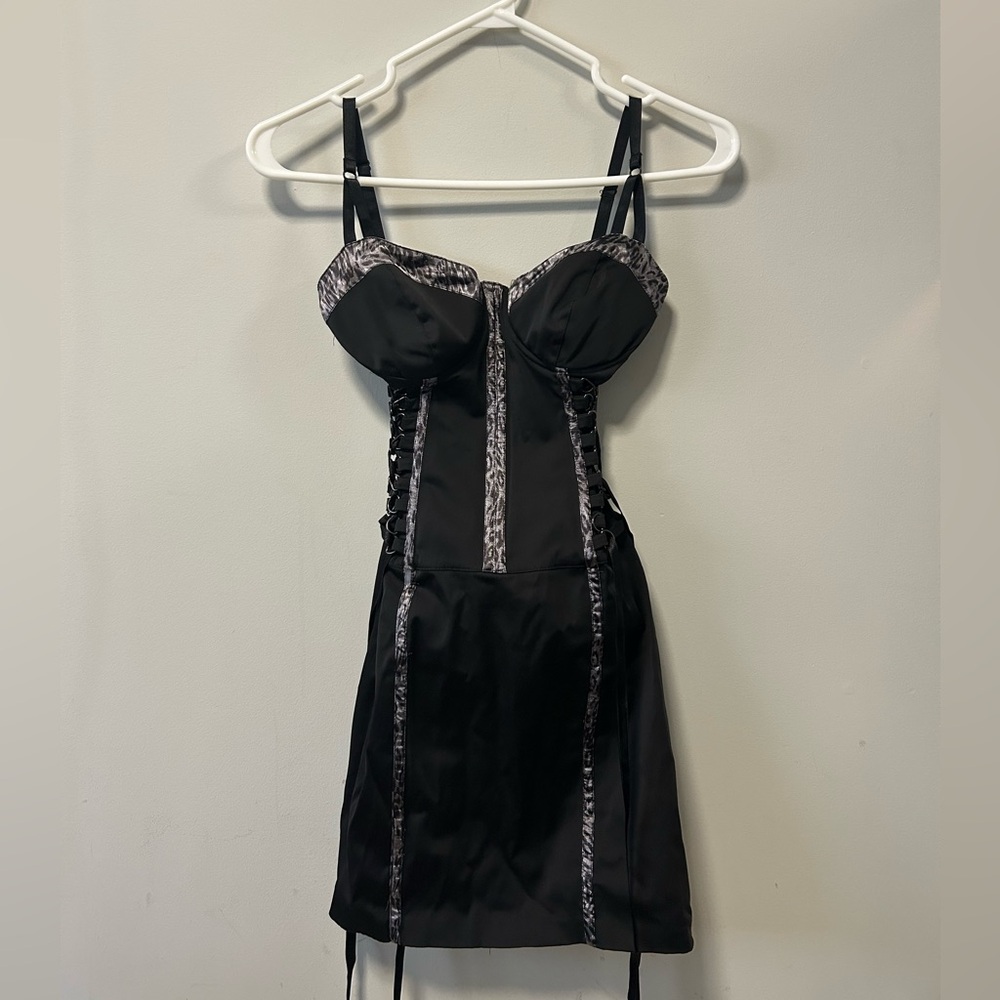 Guess Black Corset mini dress with leopard print details